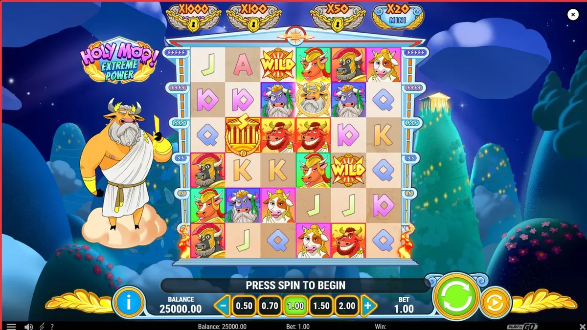 Tampilan visual slot Holy Moo! Extreme Power dengan tema dewa sapi Olympus