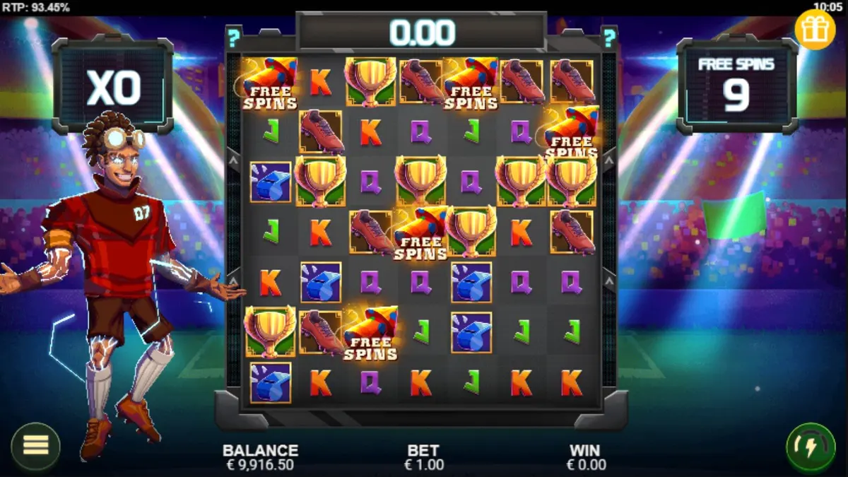 Tampilan visual lapangan sepak bola dan grid permainan pada slot Cluster Cup